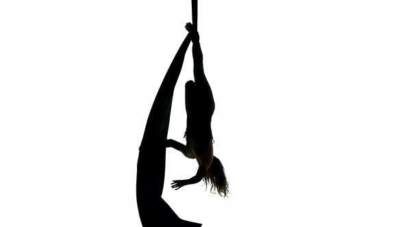 Woman Dancer on Aerial Silk, Aerial Contortion, Aerial Ribbons, Aerial Fabric in Posing Exercise