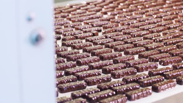 Plenty of Chocolate Candy Bars Moving Along the Conveyor