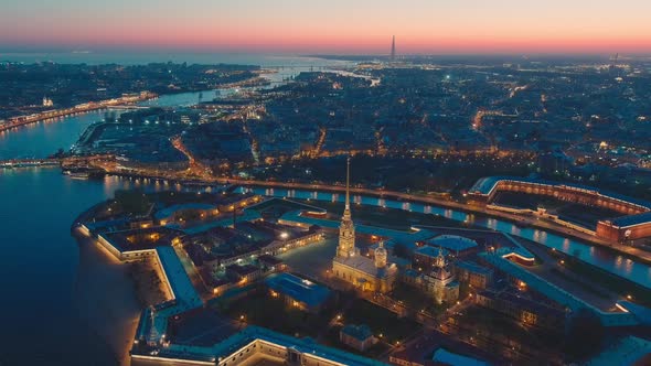 Drone Flies Off the Peter and Paul Cathedral and Fortress at Evening the Sights of St