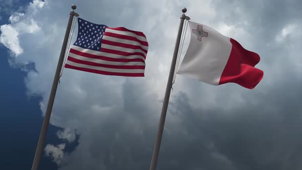 Waving Flags Of The United States And The Malta 4K
