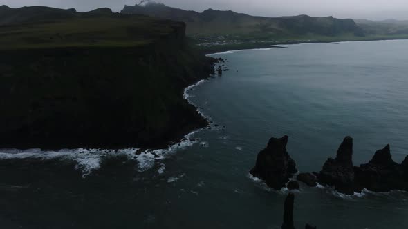 Iceland Black Sand Beach with Huge Waves at Reynisfjara Vik