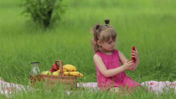 Weekend at Picnic. Girl on Grass Meadow Makes Selfie on Mobile Phone. Video Call, Blog, Play Games