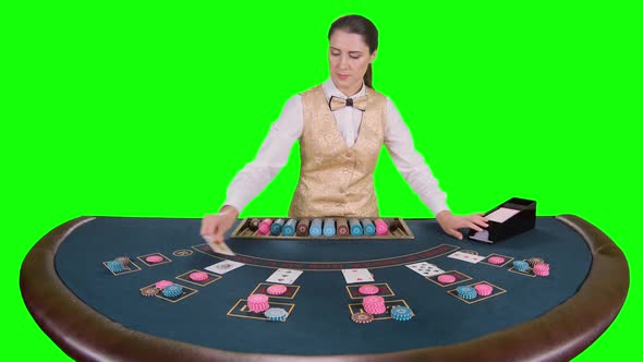 Casino Female Croupier Standing at the Table Takes the Cards From Card Holder for Game in Poker