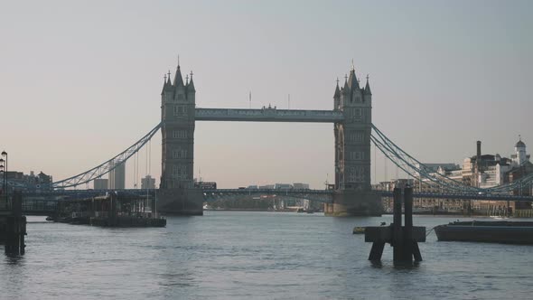 Tower Bridge at sunrise on a summer day in 2020.