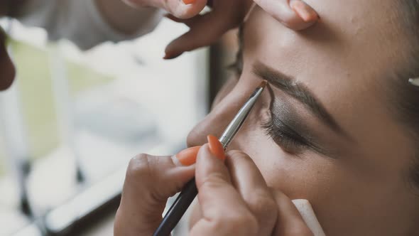 Hand of Makeup Artist Makes Makeup on the Eyebrows of a Beautiful Young Woman Using a Makeup Brush