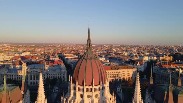 Flying towards the spire of the Hungarian Parliament Building