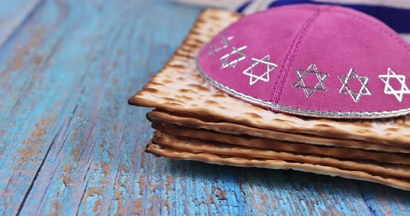 Pesach Jewish Traditional Celebration with Torah Scroll and Kosher Matzah on Passover Holiday