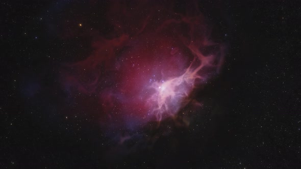 Spaceship Flies Around the Orion Nebula in Space