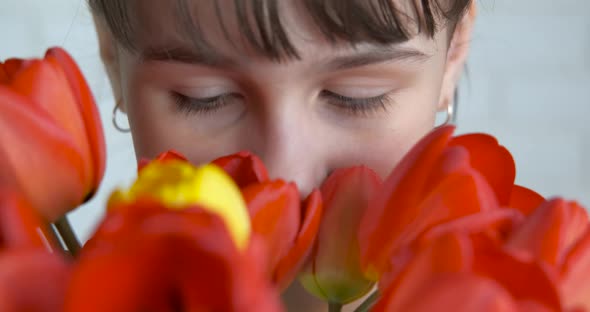 Colorful tulips in hands. 