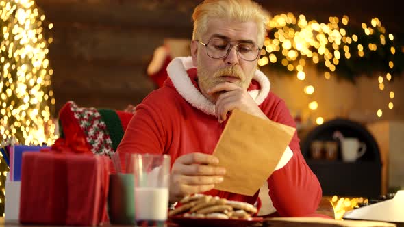 Modern Santa Sitting in House Next To the Fireplace and Christmas Tree.