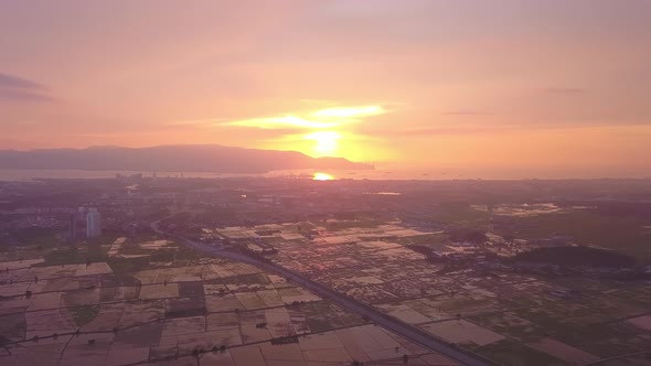 Aerial view sunset over flood paddy field