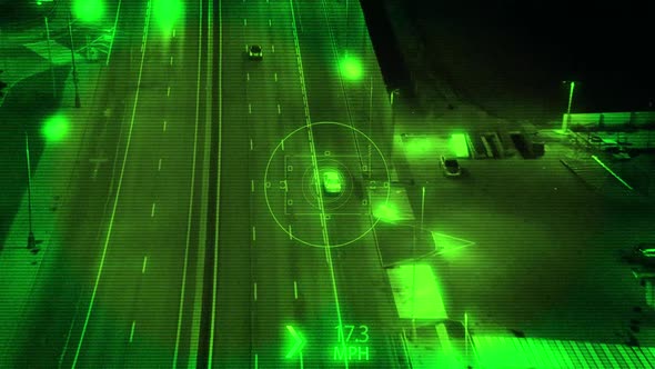 Night Vision and Surveillance From Drone with Zoom In, Tracking the Car Driving on Highway at Night