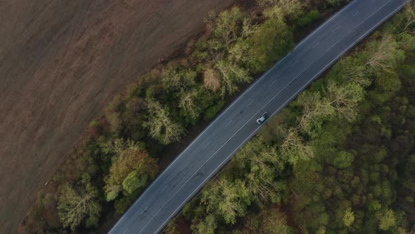 Drone flight over colorful autumn forest with road and cars