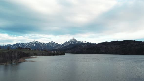 Drone shot of an Alpine lake in Southern Germany, on the Austrian border.