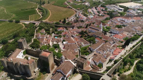 Fly Above Village and Castle Fortification of Óbidos, Portugal