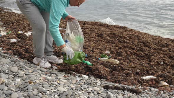 A woman collects trash in a bag on an algae-covered seashore