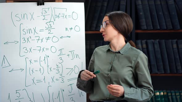 Smart Female Teacher Explaining Mathematics Formula Pointing Whiteboard Presentation at Library