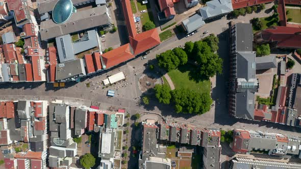 Aerial Birds Eye Overhead Top Down View Small Square with Trees in City Centre