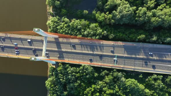 Aerial Drone Flight top down View of freeway busy city rush hour heavy traffic jam highway. Aerial v