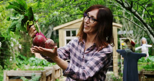 Mature woman holding beetroot vegetable 4k