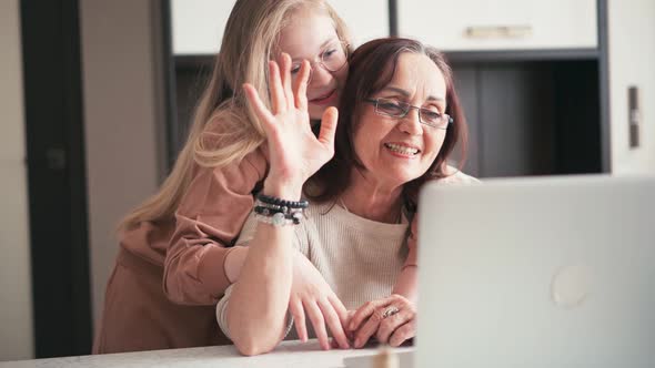 Grandmother with Her 10Yearsold Granddaughter Taking a Video Call on a Laptop