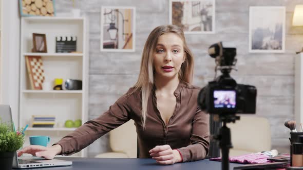 Beautiful Beauty Vlogger Filming Makeup Tutorial Product