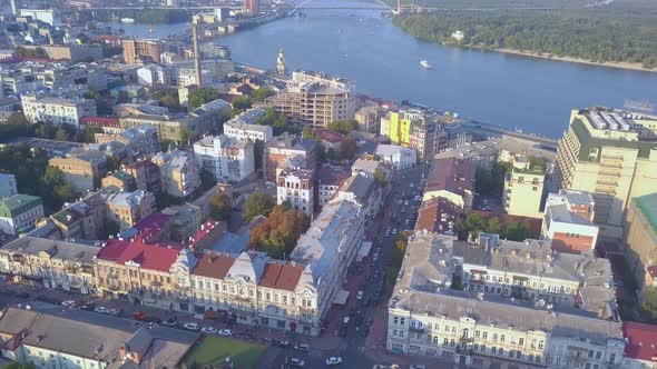 Aerial View of Podil District on the Bank of Dnipro