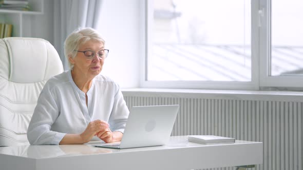 Smiling senior company lady worker waves hand and talks at online video meeting against sunlight