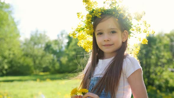 Portrait of a Cute Little Girl in a Flower Wreath on Her Head with a Dandelion in Her Hands She