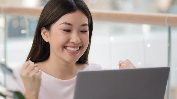 Korean Asian Woman with Laptop Luck Excited Surprised Feels Very Happy Got University Scholarship