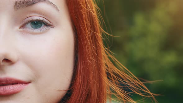 Closeup Human Female Half Face Pretty Teenager Beautiful Redhead Girl Woman Sensuality Model with