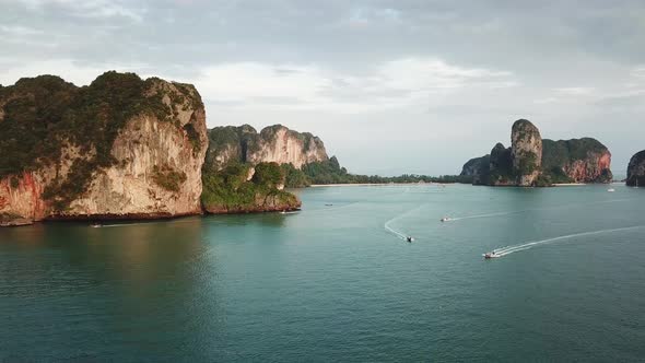 Aerial of Tropical Beach Rocks and Islands Railay