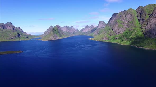 Fjord on Lofoten islands in Norway, aerial footage