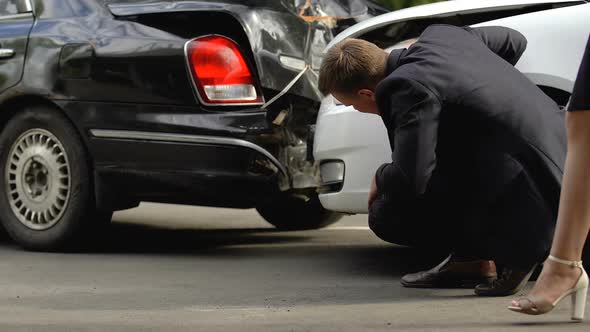 Man Looking at Hit Cars After Collision, Nervous Woman Walking Around, Stress