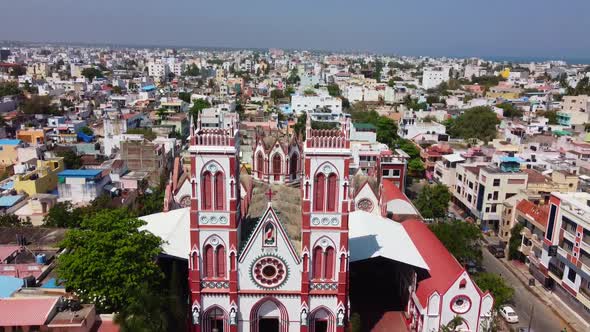 Drone shot of Basilica of the Sacred Heart of Jesus, situated on the south boulevard of Pondicherry