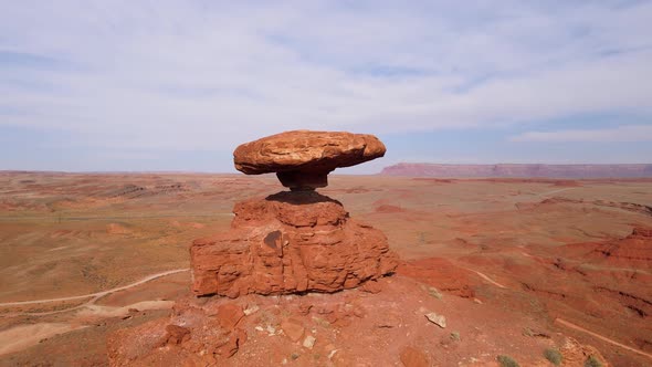 Aerial of Mexican Hat Rock Formation In Utah