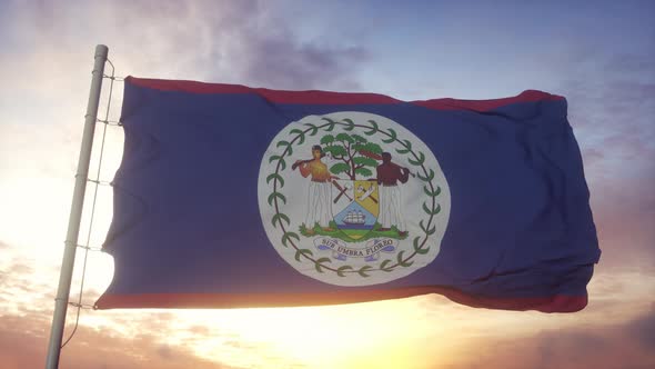 Flag of Belize Waving in the Wind Sky and Sun Background
