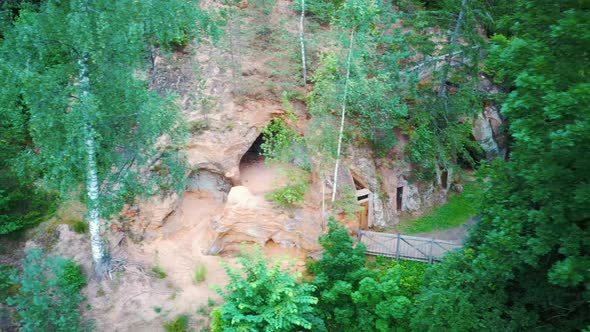 Rock Lustuzis Sandstone Caves in Ligatne, Latvia. Aerial Dron Shot