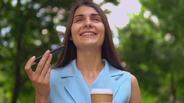 Cheerful Woman Telling Message for Voice Assistant