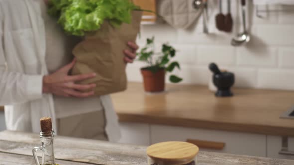 Young Mother Brought A Paper Bag From Eco Packed Food Vegetables For Healthy Eating