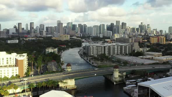Aerial Video Flying Over Miami River Towards Brickell Downtown