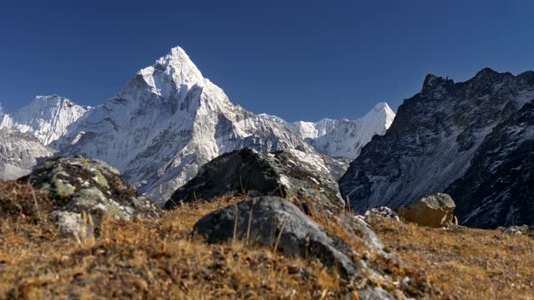 Mount Ama Dablam, Nepal. Snowy Peak in Himalaya. Trek To the Everest Base Camp. Steadicam Shot, 