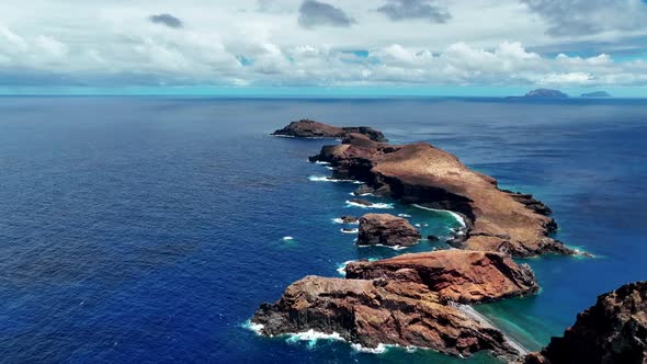 Flying Sideways Through Miradouro Ponta do Furado Viewpoint In Madeira Island, Portugal. Aerial Dron