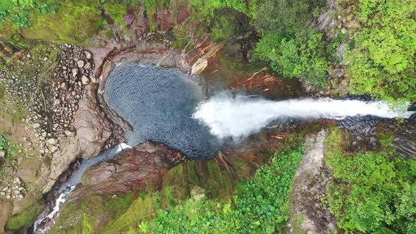 Aerial view of waterfall in lush rainforest