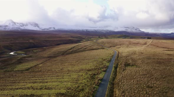 Aerial view of empty road, Portree, Isle of the Sky, Scotland