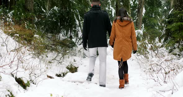 Couple walking on the snow covered path in the forest