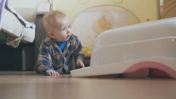 Little Boy Crawls and Elder Sister Hides Under Basin at Bed