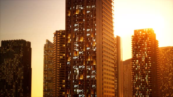 Sunset Aerial Shot of Skyscrapers of Business Centre