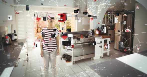 Woman using virtual reality headset with digitally generated icons 4k