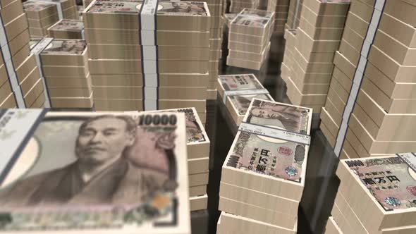 3d flight over the Japan yen money banknote packs loop